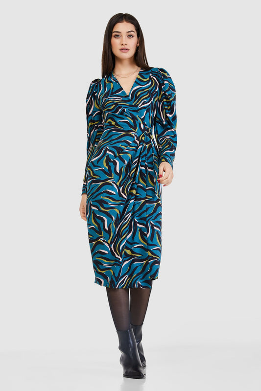 CLOSET LONDON BLUE PRINT WRAP PENCIL MIDI DRESS