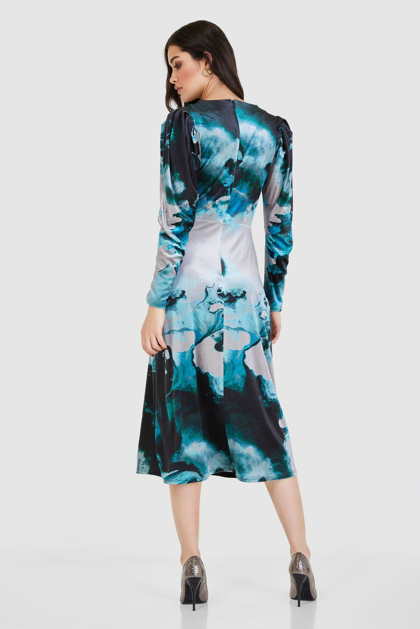 CLOSET LONDON TEAL BLUE PRINT VELVET WRAP A-LINE MIDI DRESS