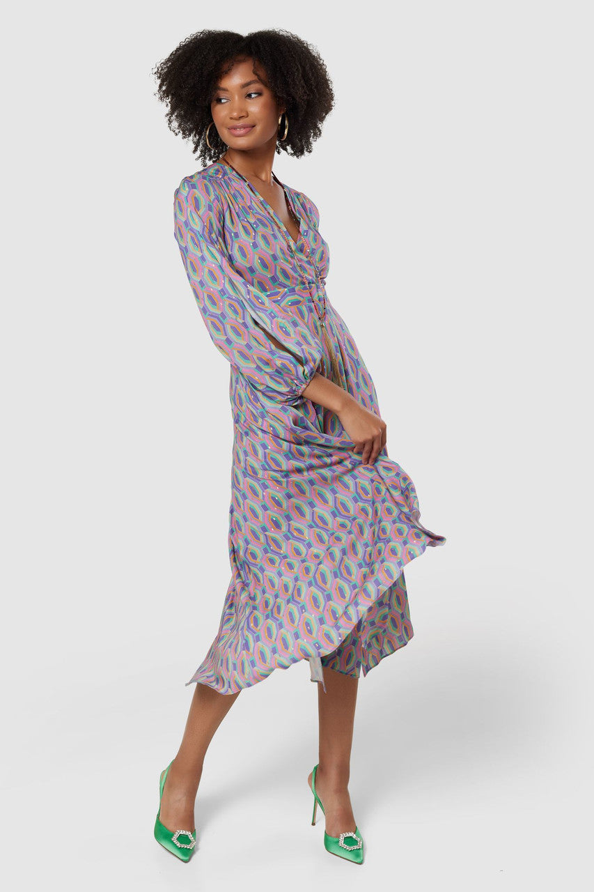 CLOSET LONDON PURPLE MULTI FULL SKIRT WRAP MIDI DRESS