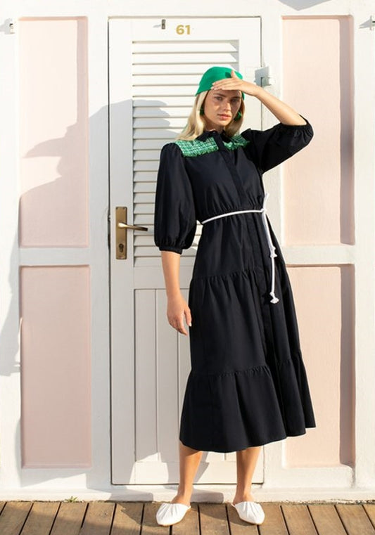 H2O Navy Shirt dress with Tweed detail