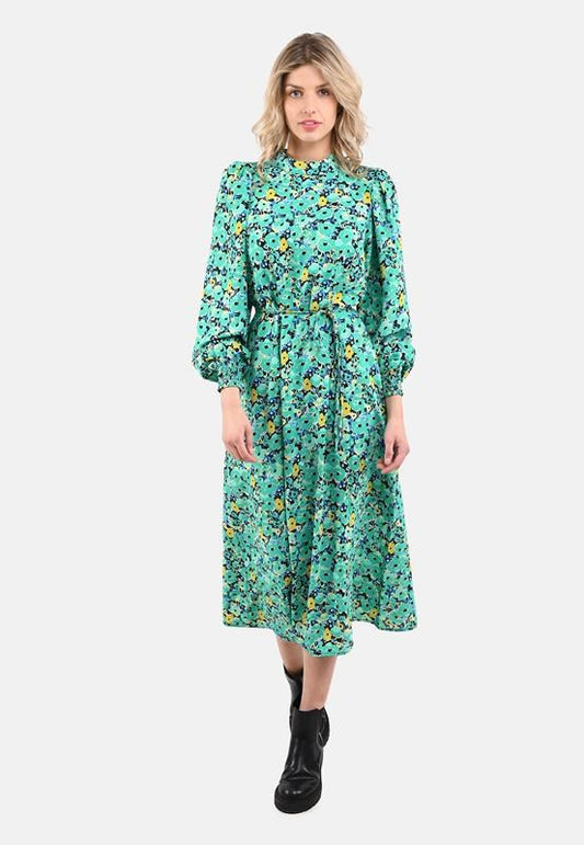 Sisters-Point High Neck Green Flower Tie Dress